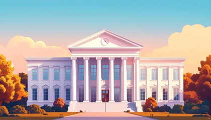 Elegant neoclassical building with grand columns and manicured grounds under a warm, inviting sky