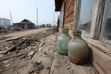 Two old glass bottles are sitting on a wooden ledge outside