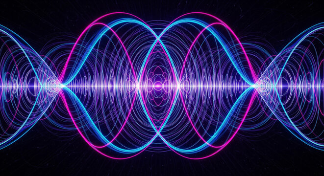 Abstract visualization of sound waves with vibrant pink and blue light patterns - Powered by Adobe