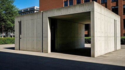 Fototapeta premium Minimalist Concrete Brutalist Pavilion with Harsh Shadows Under Midday Sun