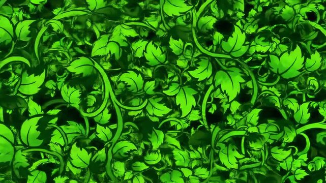 Dense covering of bright green leaves and twisting vines in a seamless, abstract, organic and botanical pattern