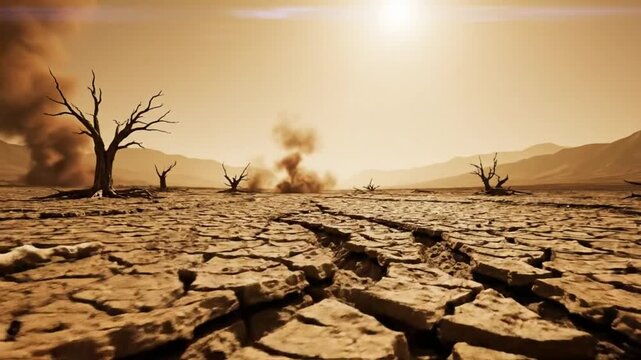 Global warming concept of a dried up desert with cracked earth, dead trees, and animal skeletons under a hazy sky