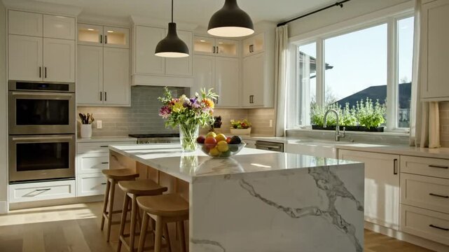 Bright and airy modern kitchen interior with white cabinets, island, and large windows bringing in natural light