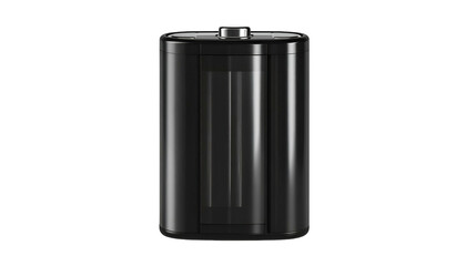 A close-up of a large black cylindrical battery on a black background