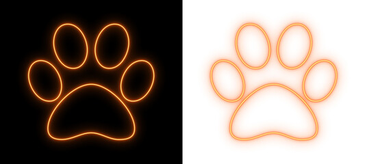 Orange neon paw print glowing on black and transparent backgrounds, bright pet footprint outline icon for animal and veterinary themes © PK-VFX