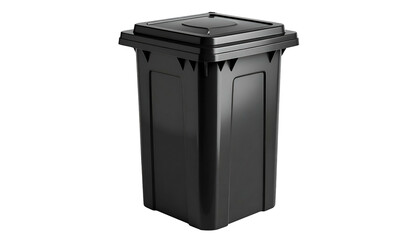 A dark, rectangular waste container with a flat lid, on a black background