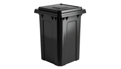 A dark, rectangular waste container with a flat lid, on a black background