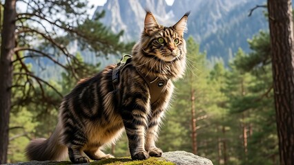 Majestic Maine Coon cat with harness standing on rock in mountain forest