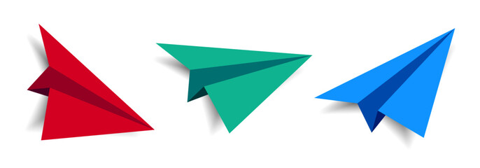 Set paper plane 3D model jet. Different view paper airplane isolated