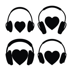 Headphones with hearts icon set symbolizing love for music