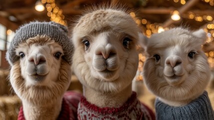 Obraz premium Three llamas wearing hats and sweaters are standing together