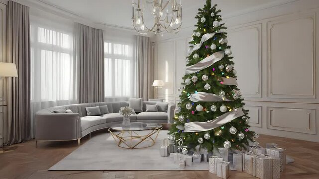 Elegant living room decorated for christmas with a beautifully adorned tree, silver ornaments, ribbon, and presents on a light rug, featuring a curved grey sofa and chandelier
