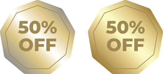 Shiny gold 50 percent off price tag label, discount badge set