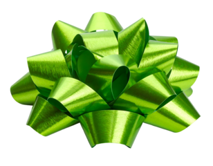 A shiny green gift bow, with sharp folds, isolated against a black background
