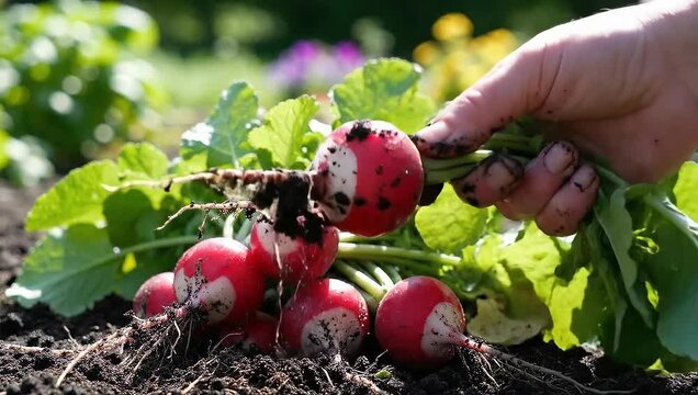 Freshly harvested radishes in garden.