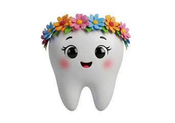 Cheerful cartoon tooth wearing a colorful flower crown, dental care