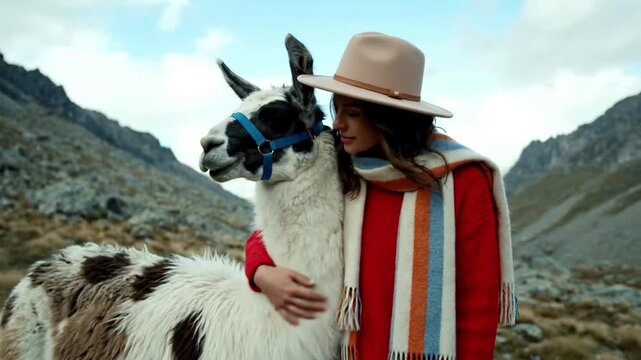 Woman Hugging Llama in Mountainous Landscape.