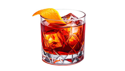 Classic cocktail in a cut-glass tumbler, garnished with an orange peel and ice