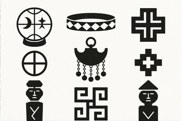 Mapuche Culture Icon Set Vector Illustration with Traditional Symbols and Crafts