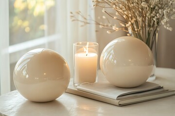 A tranquil indoor setting featuring decorative spheres, a lit candle, and dried flowers