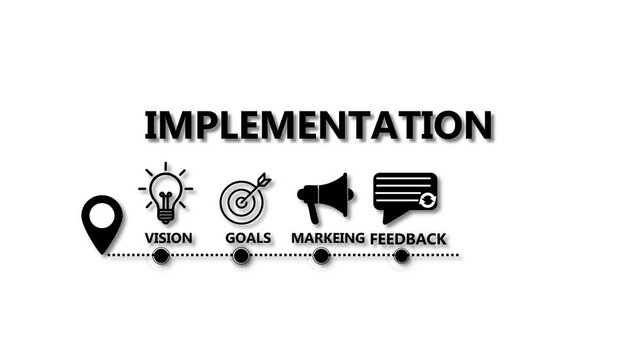 Business implementation and management concept illustration showing vision, goals, marketing, feedback, and execution process, representing strategic planning, leadership,
