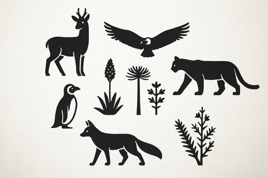 Chilean Wildlife Icon Set Vector Illustration with Native Animals and Flora