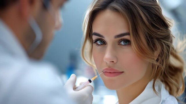 A woman sits in a clinical environment while a medical professional gives her an injection. The scene takes place indoors with sterile equipment around