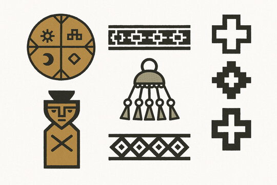 Mapuche Culture Icon Set Vector Illustration with Traditional Symbols and Crafts