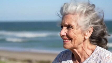 Elegant senior woman smiles, beach backdrop