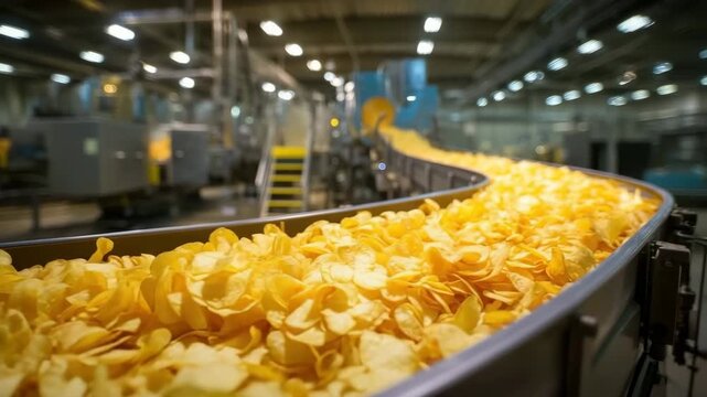 Industrial Production: Conveyor belt filled with a vast quantity of potato chips in a modern food factory