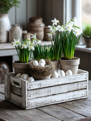 Easter farmhouse shabby chic white crate narcissus daffodils potted bulbs bird nest eggs rustic weathered wooden table light and airy home decor.