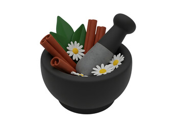 Herbal medicine ingredients in mortar and pestle for wellness concept.