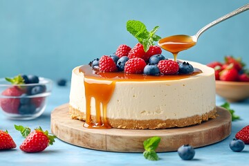 Decadent homemade cheesecake topped with fresh raspberries, blueberries, mint, and a rich caramel drizzle