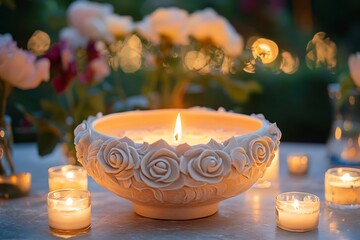 A beautifully crafted rose-decorated candle centerpiece radiates warmth amidst surrounding glowing tealights