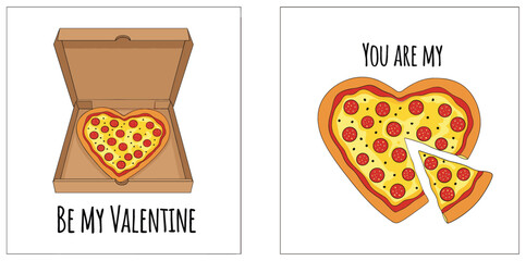  Cute Valentine's Day Pizza Vector Set with Heart-Shaped Slices, Cardboard Box, and Holiday Text for Greeting Cards, Love, and Food Concepts.