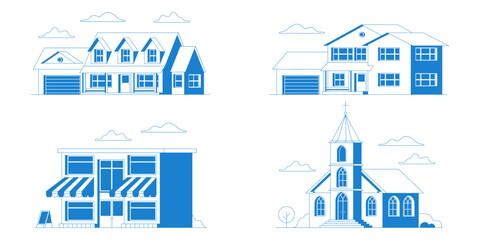 Set of house, church, store building flat icon. For web design and application interface, also useful for infographics. Family house, church, store building icon isolated on white background