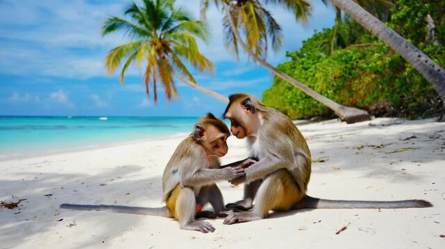 Two monkeys sitting together on a white sand beach with palm trees and blue ocean view in background monkey video