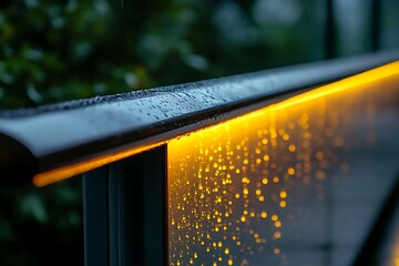 Illuminated railing with glowing orange light reflecting on raindrops during a peaceful evening
