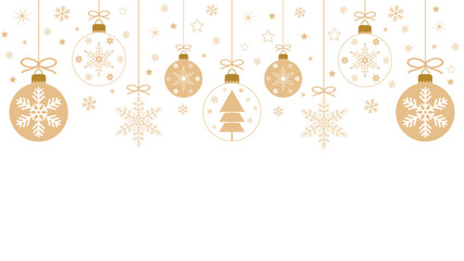 Exquisite Christmas background with hanging golden balls and snowflakes filled with stars on a transparent background, minimalistic design of winter holiday greeting cards or web banners. Vector illus © HasVID