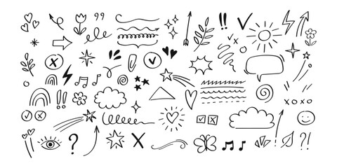 A collection of whimsical hand drawn doodles including hearts stars clouds speech bubbles and various abstract elements on a white background
