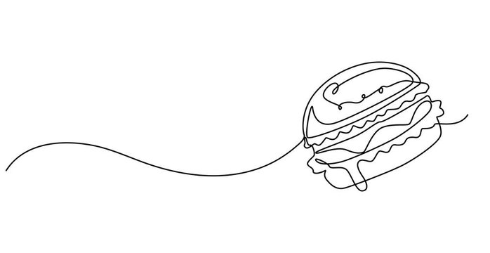 Animated self drawing of   continuous one line of delicious sandwich burger fast food or junk food. Sketch drawing editable stroke concept vector illustration for meal cafe or restaurant