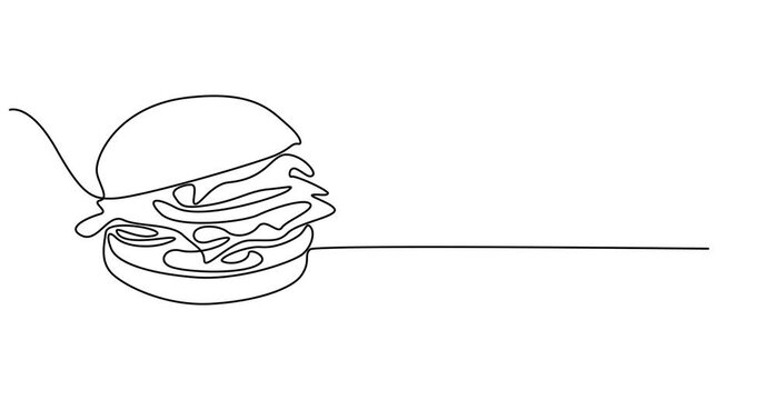 Animated self drawing of   continuous one line of delicious sandwich burger fast food or junk food. Sketch drawing editable stroke concept vector illustration for meal cafe or restaurant