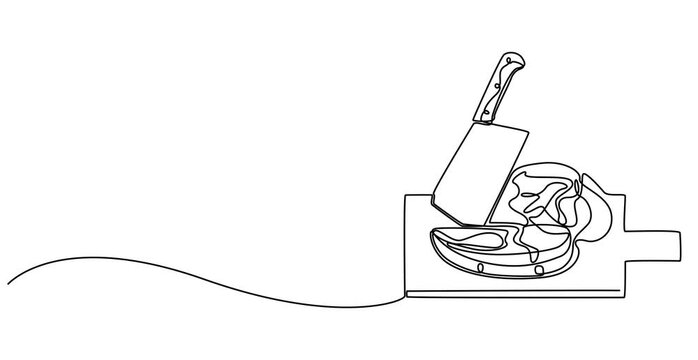 Animated self drawing of   continuous one line drawing of butcher's cleaver and steak vector ,Cleaver icon line continuous drawing vector. One line of butcher knife. Abstract minimal continuous line. 