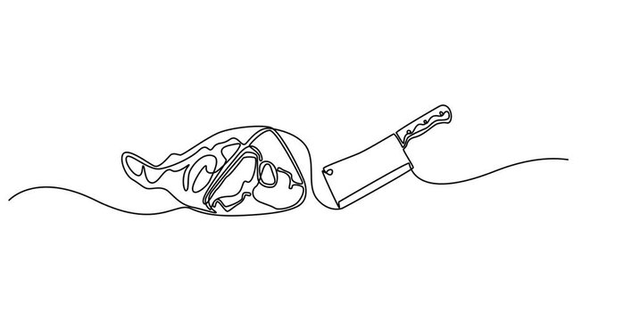Animated self drawing of   continuous one line drawing of butcher's cleaver and steak vector ,Cleaver icon line continuous drawing vector. One line of butcher knife. Abstract minimal continuous line. 
