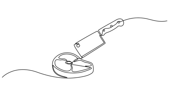 Animated self drawing of   continuous one line drawing of butcher's cleaver and steak vector ,Cleaver icon line continuous drawing vector. One line of butcher knife. Abstract minimal continuous line. 