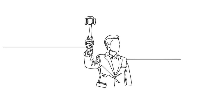 Animated self drawing of   Professional lawyer with gavel in one line drawing. Law and justice concept. Minimalist vector art, Professional lawyer with gavel in one line drawing. 