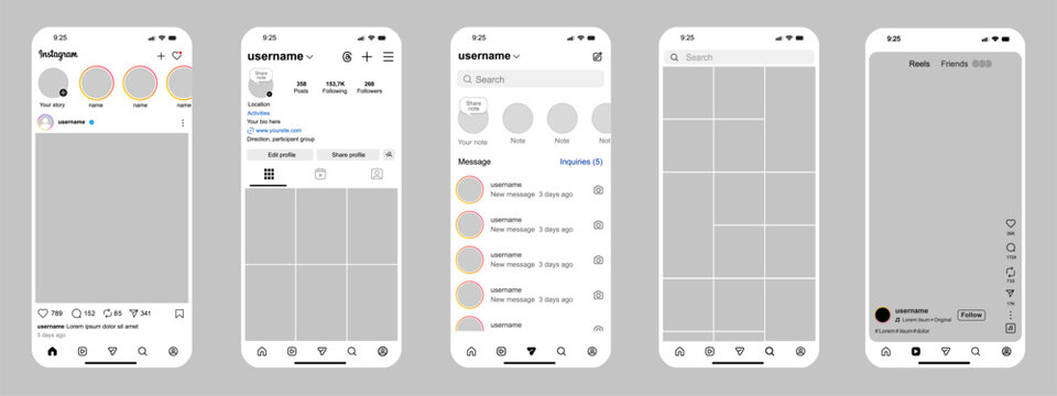 Instagram mockup social media post template. Instagram new grid size template update 2026. Instagram post reels story template frame with phone mock up. Social network instagram app