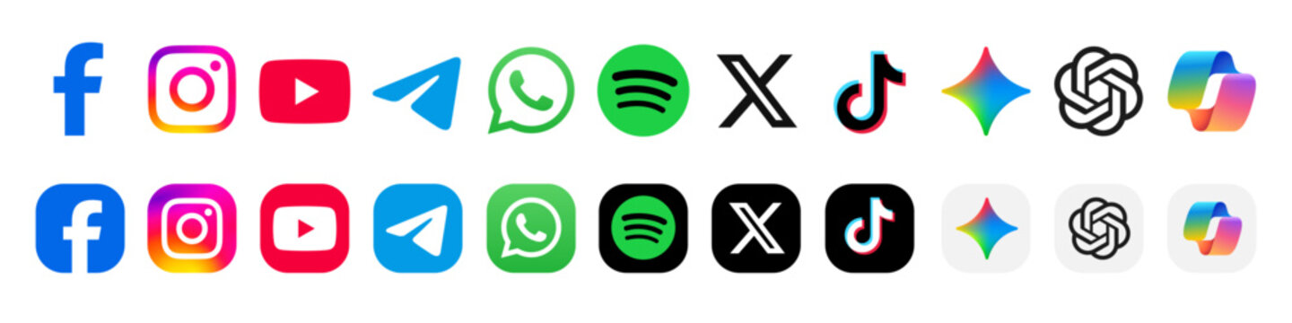 Social media icon set. Popular social network logos facebook, instagram, x, youtube, whatsapp, spotify. Artificial Intelligence ai apps: chatgpt, microsoft copilot, google gemini