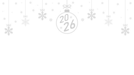Fototapeta premium Exquisite Christmas background with hanging balloons with text 2026 and snowflakes filling with stars on a transparent background, design of greeting cards with winter holidays or web banners. Vector 