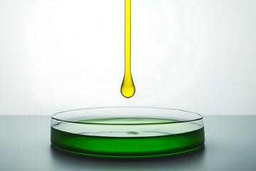A golden drop of viscous liquid descends into a petri dish holding a vibrant green solution